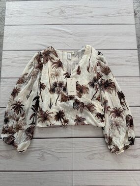 Joie Cream Blouse with Brown Palm Print and Long Puff Sleeves